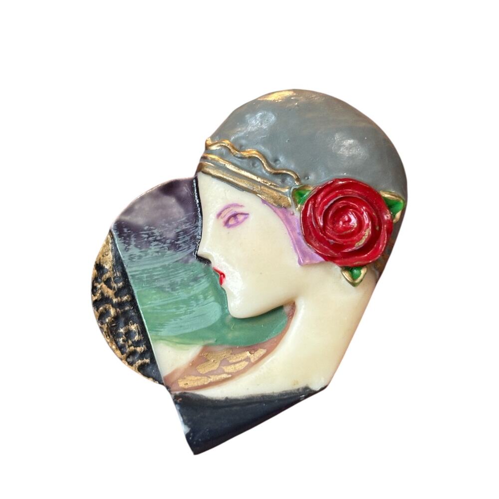 Vintage Art Deco Style Celluloid Lady Brooch – Carved Cameo Portrait w/ Rose